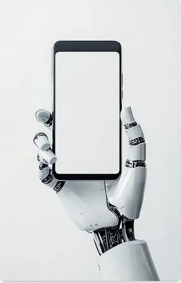 A robotic hand holding up a smartphone